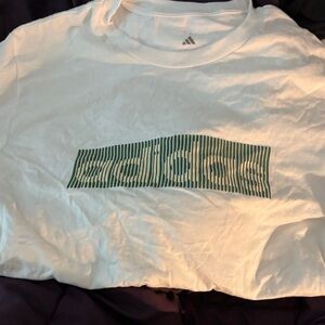 Adidas White Tee with Striped Green Logo